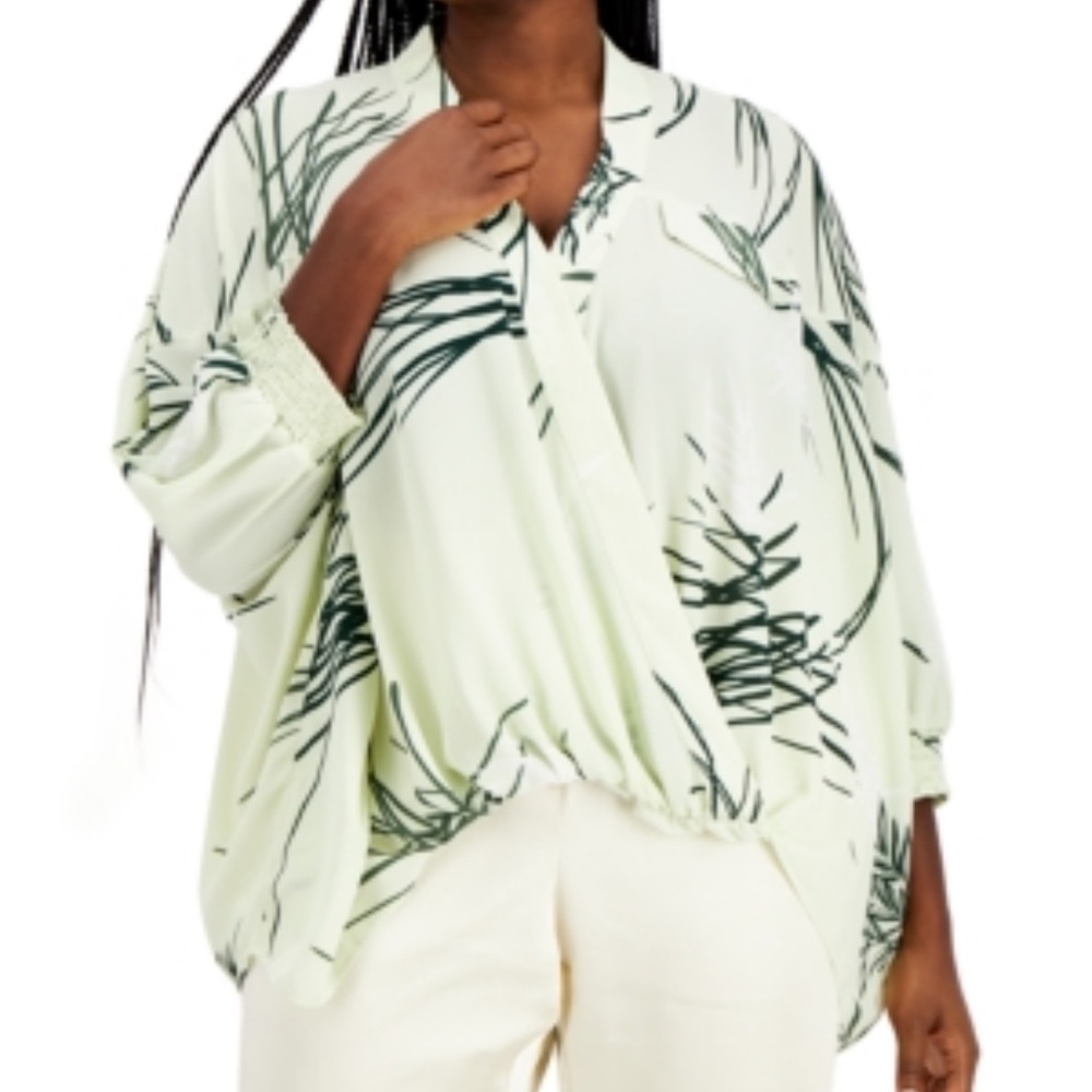 Alfani Plus Size Green Leaf Palm Oversized Blouse